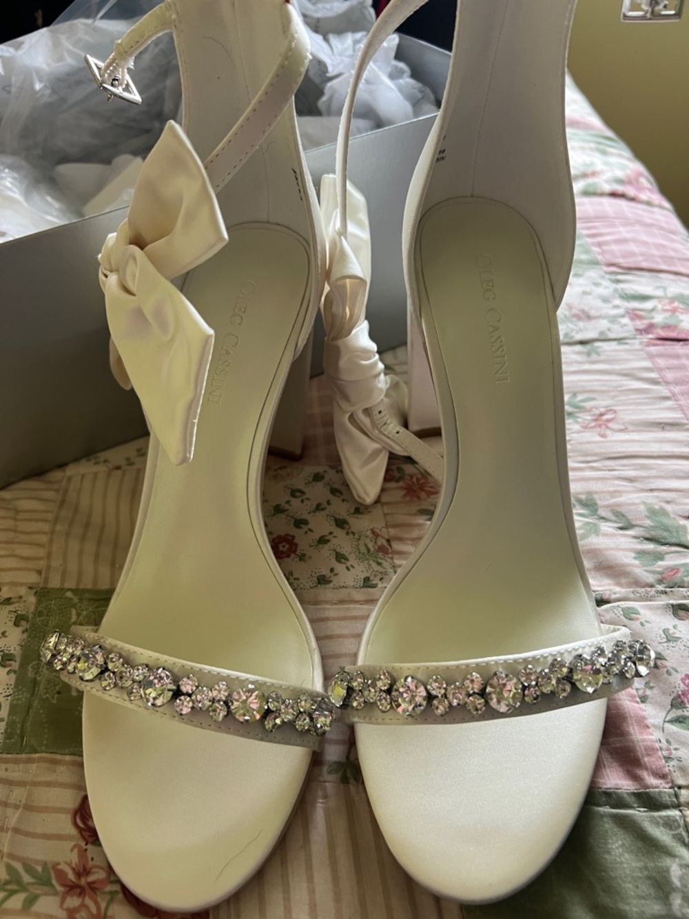 Oleg Cassini Ivory Satin Heeled Sandals with Crystal Strap